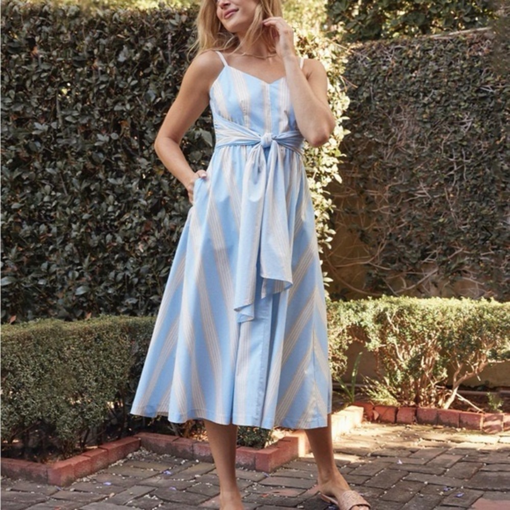 Summersalt The Coastal Poplin Tie waist blue white tan Midi Dress size XS/S